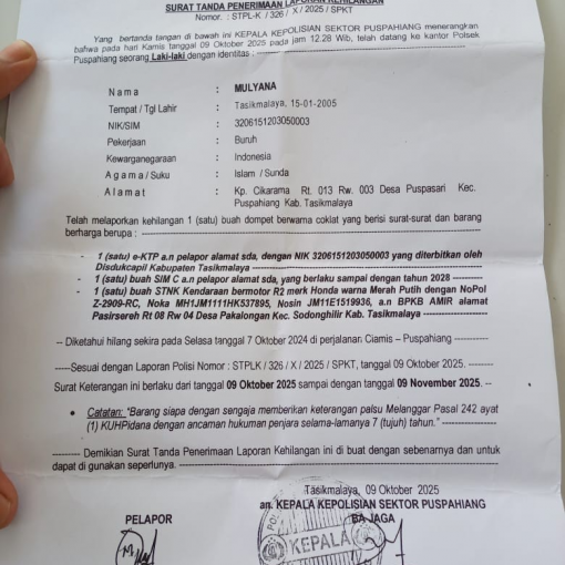 Warga Puspasari Laporkan Dompet Berisi e-KTP, SIM, dan STNK Hilang di Perjalanan