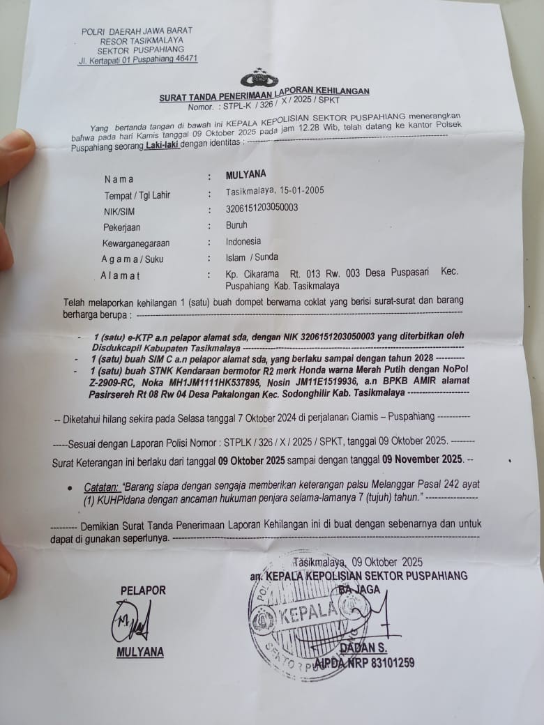 Warga Puspasari Laporkan Dompet Berisi e-KTP, SIM, dan STNK Hilang di Perjalanan